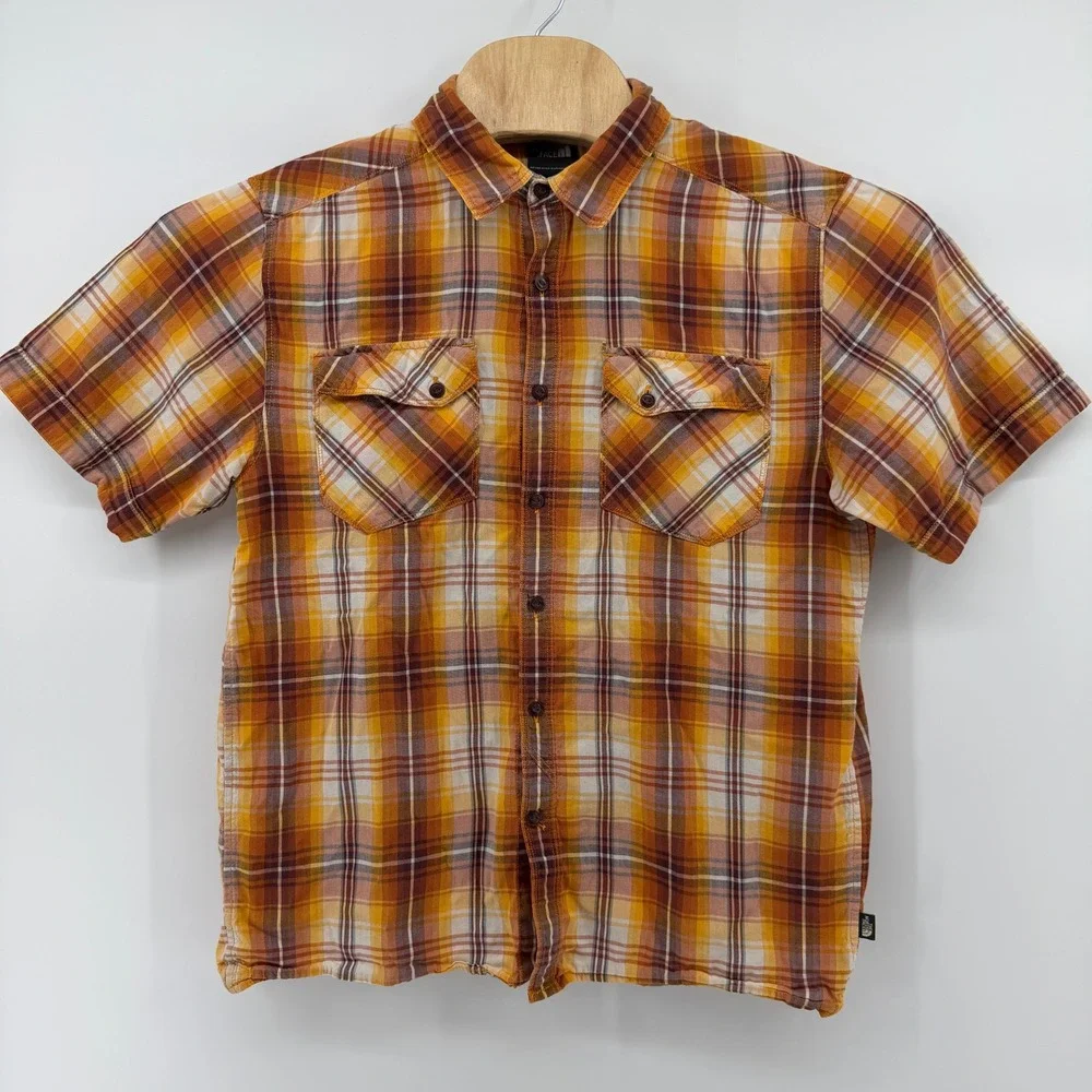 The‎ North Face Plaid Shirt Mens M Orange Yellow Short Sleeve Button Up Pocket
